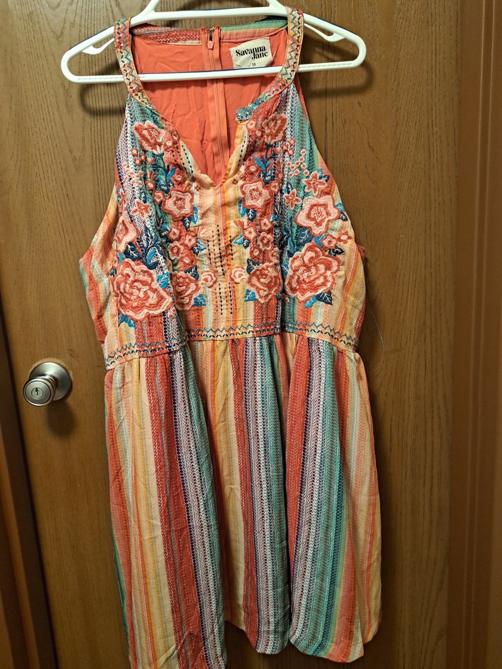 Savanna Jane Coral, Teal & Yellow Striped Embroidered Sundress